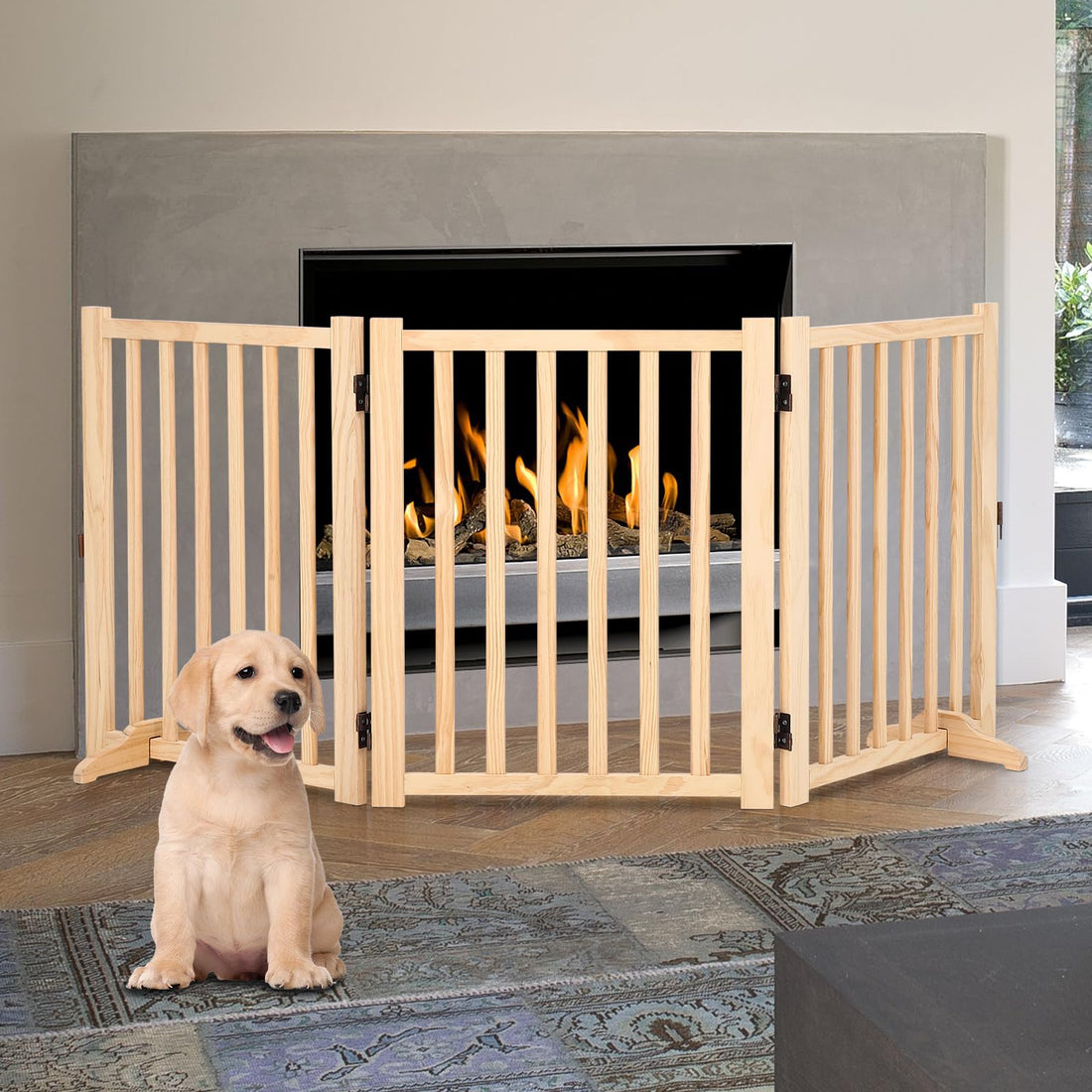 Garvee Barrière pour Chien Autoportante en Bois de Pin, 3 Panneaux, 61 cm de Hauteur, Non Peinte et Antidérapante, pour Maison et Escaliers