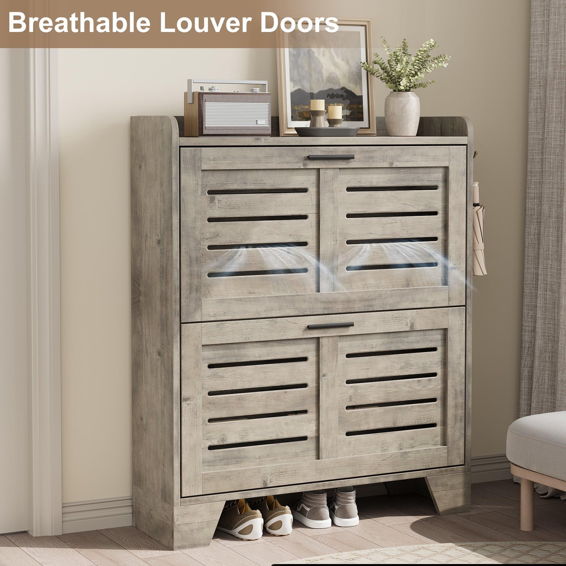 Garvee meuble à chaussures pour entrée, avec 2 tiroirs abattants, en bois vert p2, ventilé, résistant aux rayures, étroit, profondeur 35 cm