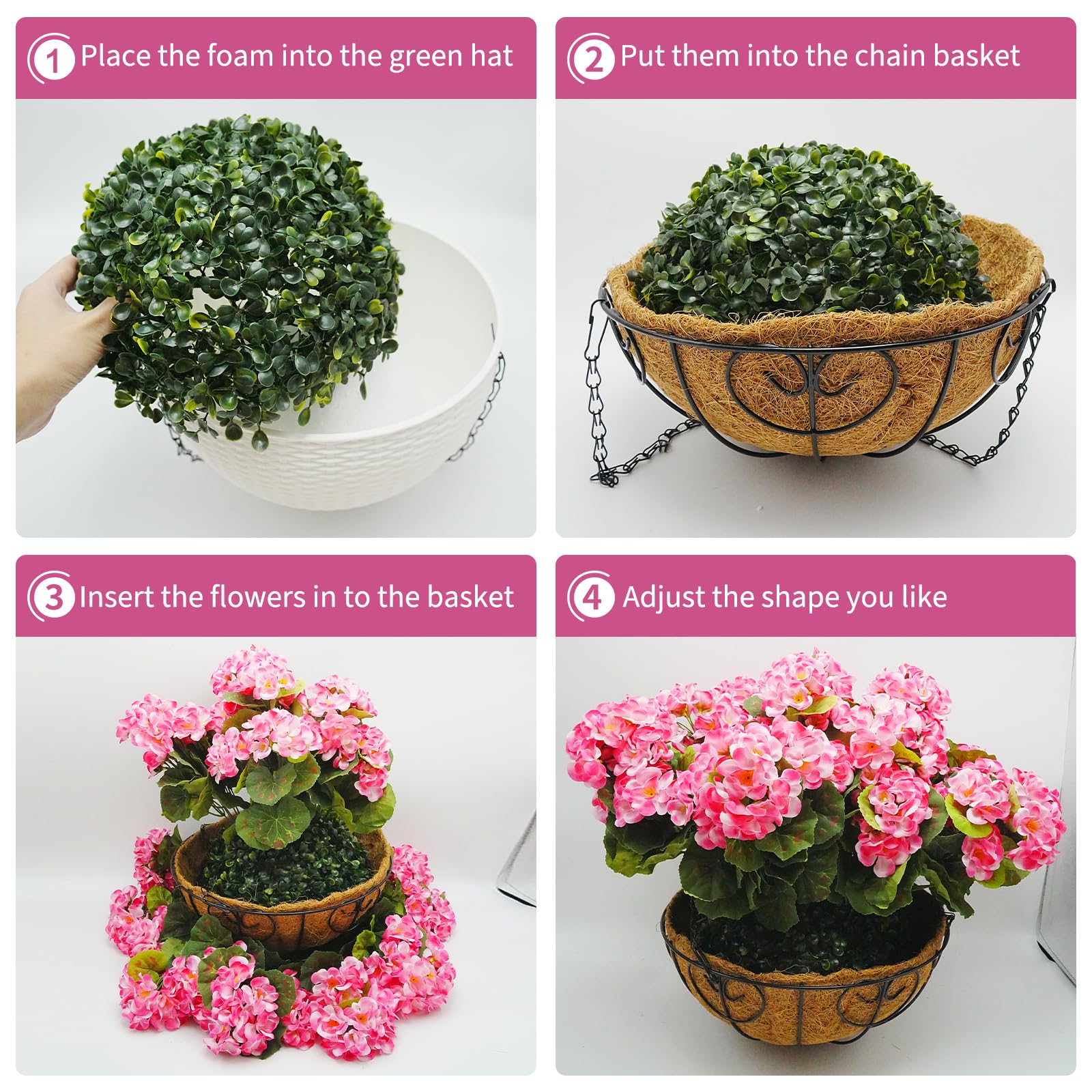 Garvee Ensemble de 12 géraniums artificiels roses, résistants aux intempéries, à suspendre, pour jardin et terrasse, panier marron
