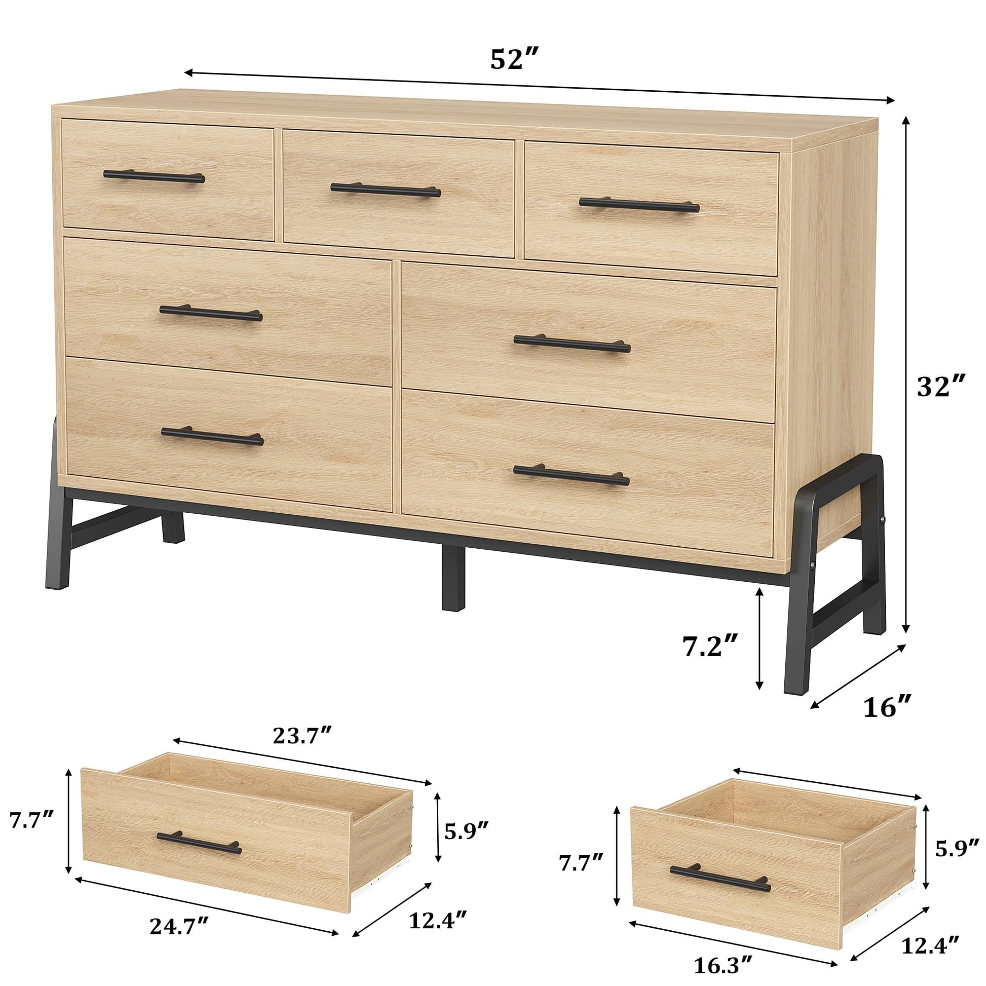 Commode Garvee à 7 tiroirs en MDF, table imperméable pour chambre et salon, design moderne et robuste, 132 x 41 x 81 cm, coloris naturel