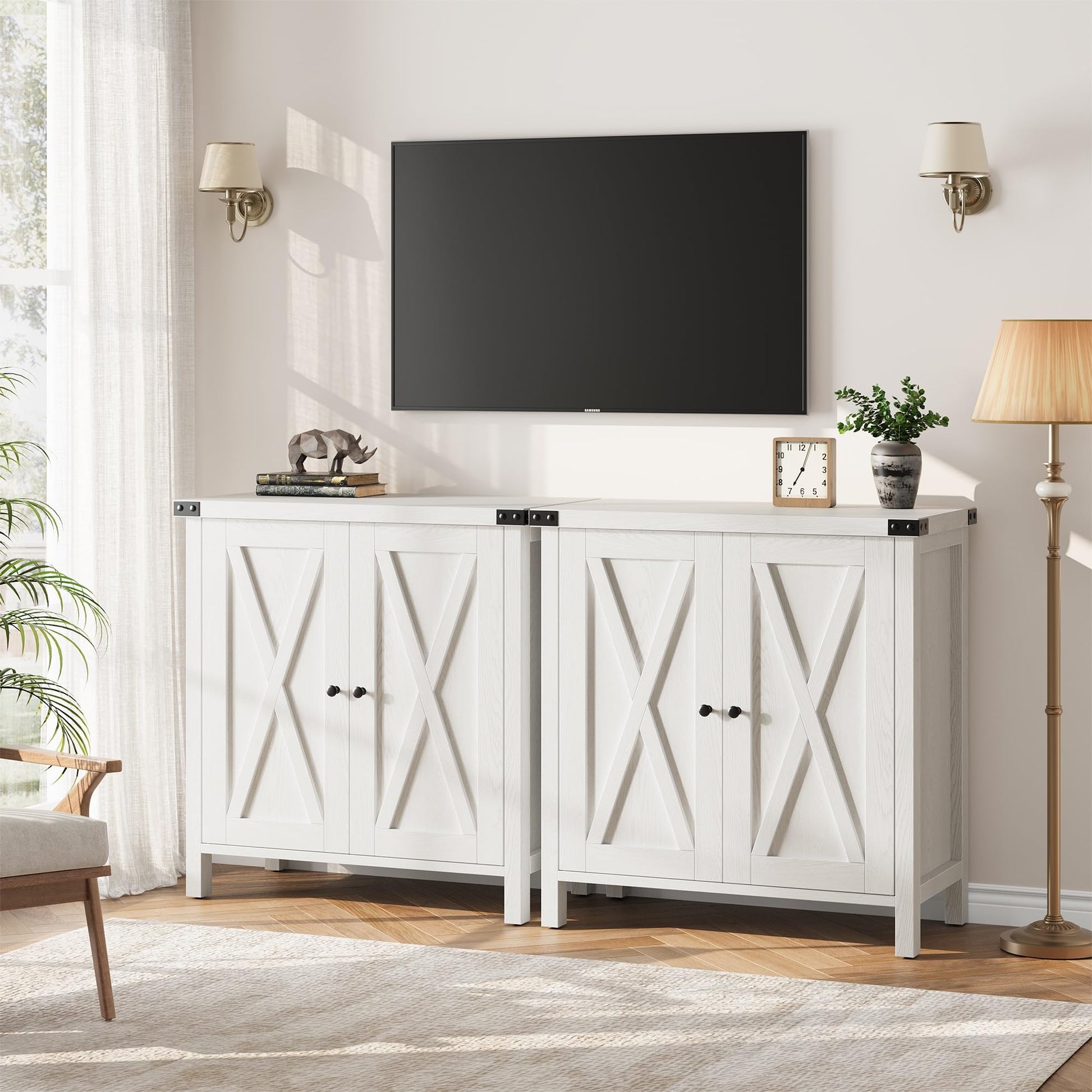 Garvee buffet de style campagne avec 2 portes, étagères réglables, MDF, blanc, pour le salon et la salle à manger, robuste et polyvalent, 76 × 40 × 80 cm