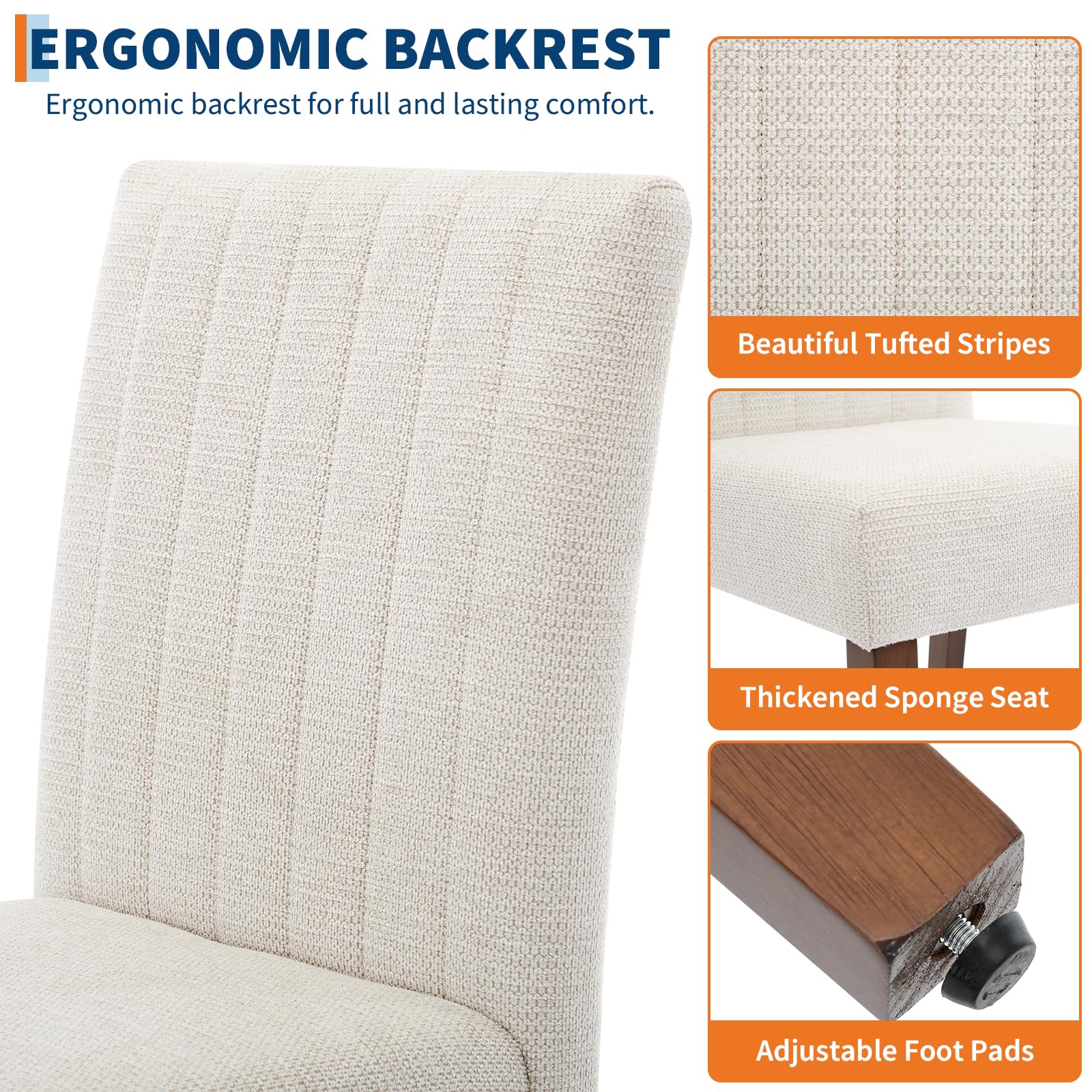 Chaises de salle à manger Garvee Parsons capitonnées, lot de 2, revêtues de tissu lin, ergonomiques, pieds en hévéa, rayures beiges, pour cuisine et salon