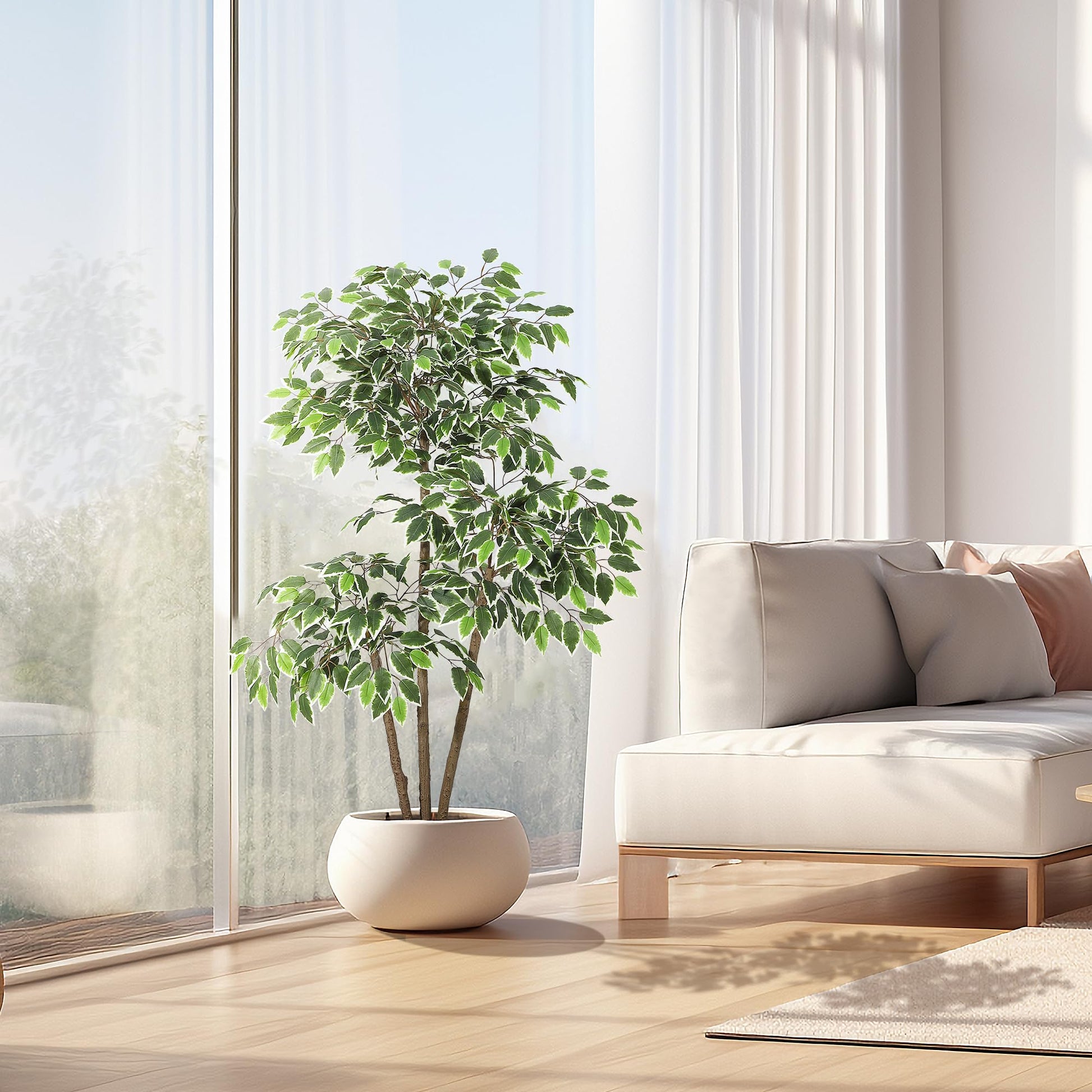 Ficus artificiel Garvee de 1,5 m avec pot haut blanc, tronc ajustable, idéal pour le salon et le bureau, blanc, base stable en terre cuite
