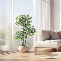 Ficus artificiel Garvee de 1,5 m avec pot haut blanc, tronc ajustable, idéal pour le salon et le bureau, blanc, base stable en terre cuite