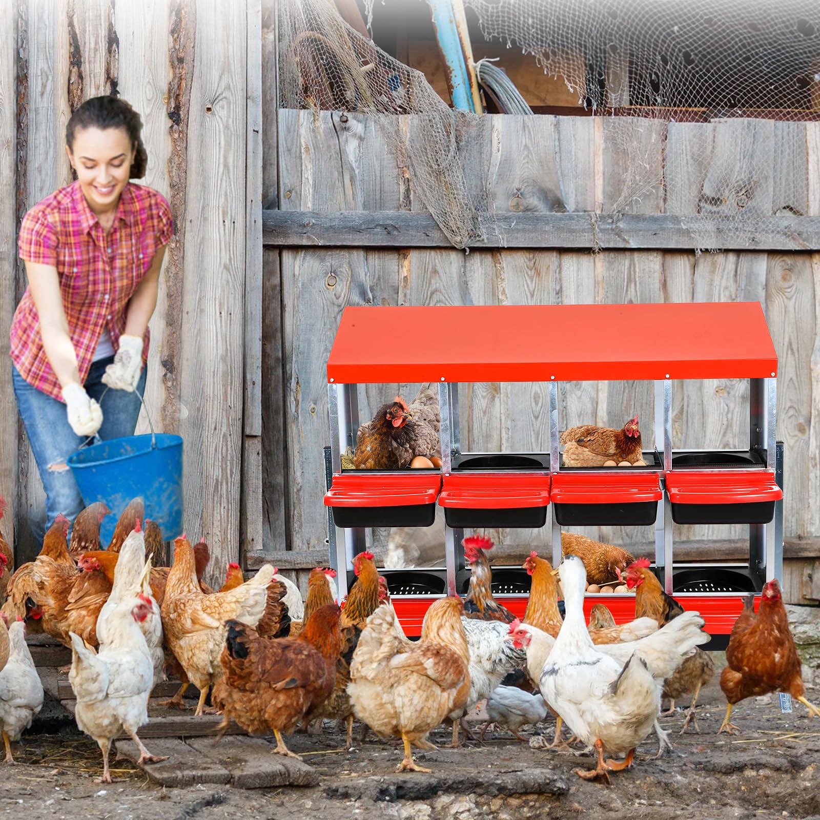 Garvee Pondoir pour Poules 6/8 Compartiments, Collecte Automatique des Œufs, Perchoir et Couvercle de Protection, Montage Mural ou Pose Libre