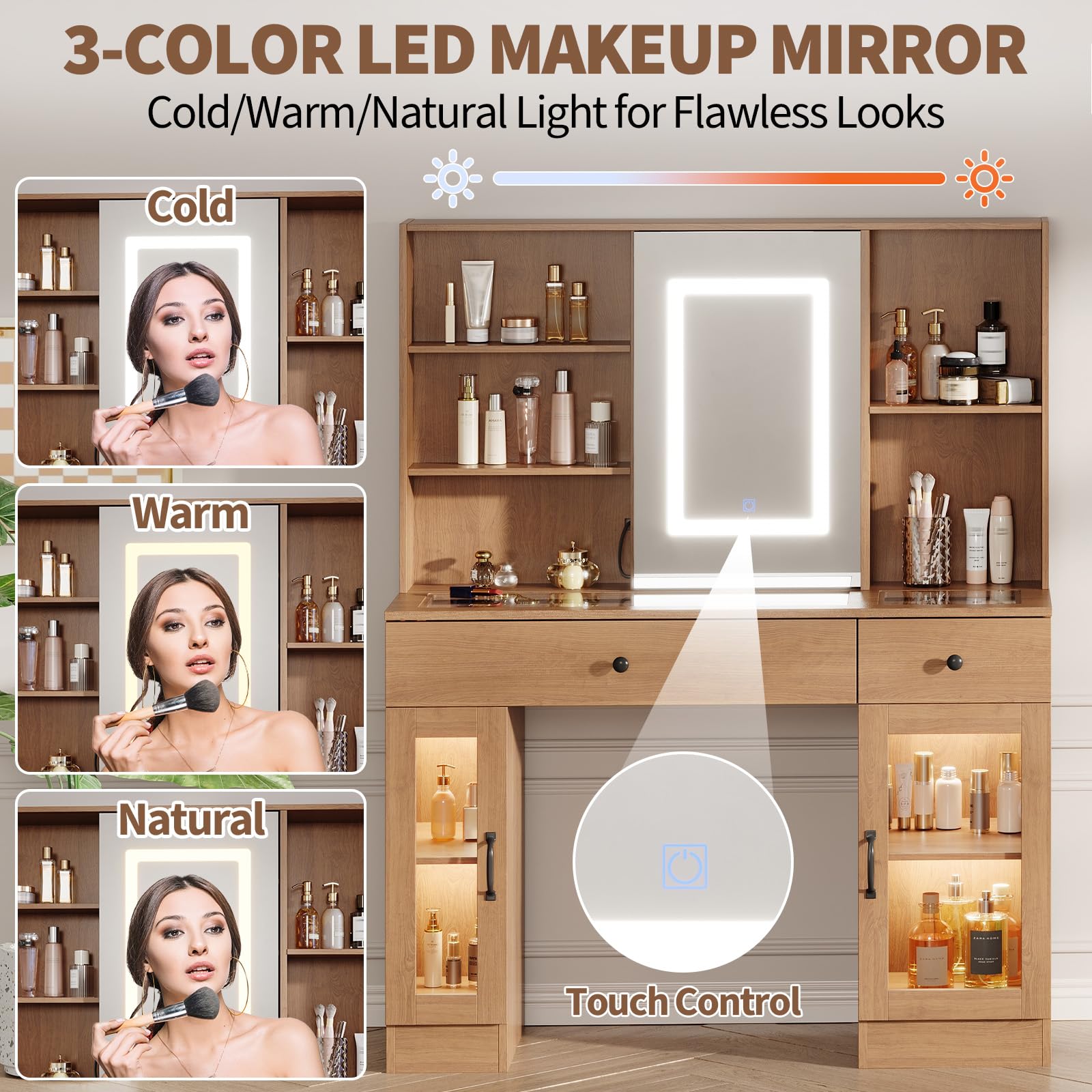 Garvee Coiffeuse de Maquillage avec Miroir Coulissant LED 3 Couleurs, MDF, USB/AC, Verre Sculpté Multicolore, Idéale Chambre ou Dressing