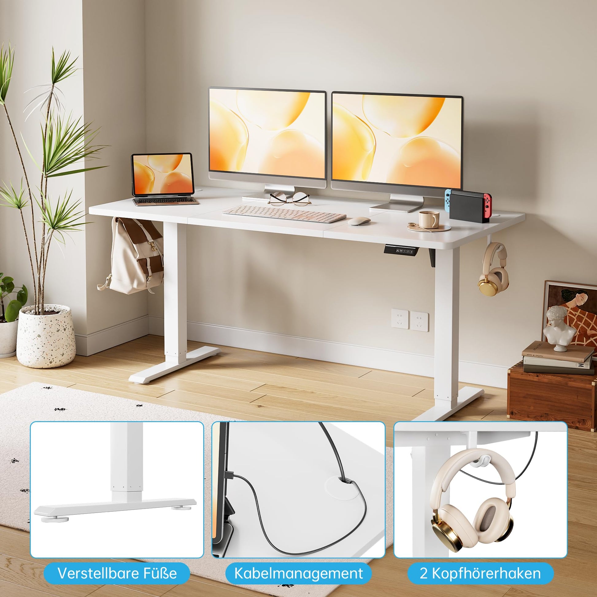 Bureau assis-debout électrique réglable en hauteur Garvee avec télécommande à mémoire, 120 x 60 cm, blanc