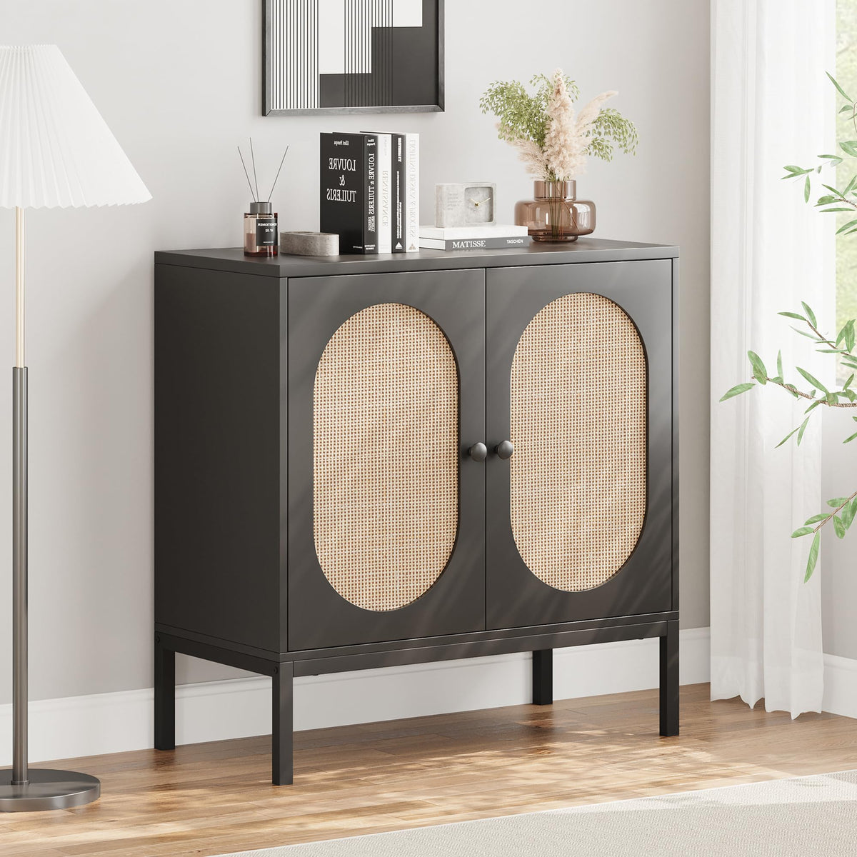 Garvee buffet en rotin tressé à la main, avec portes et étagères, en MDF noir, pour le salon et la salle à manger, 80 × 40 × 83 cm, noir