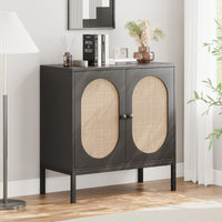 Garvee buffet en rotin tressé à la main, avec portes et étagères, en MDF noir, pour le salon et la salle à manger, 80 × 40 × 83 cm, noir