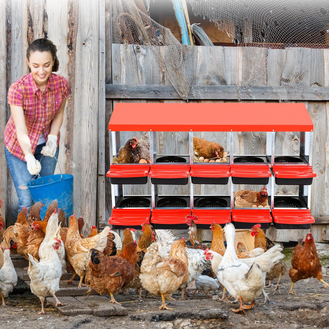 Garvee Pondoir pour Poules 10 Compartiments, Acier Galvanisé 0,7mm avec Couvercle Émaillé et Bacs en Plastique Amovibles, Design Incliné