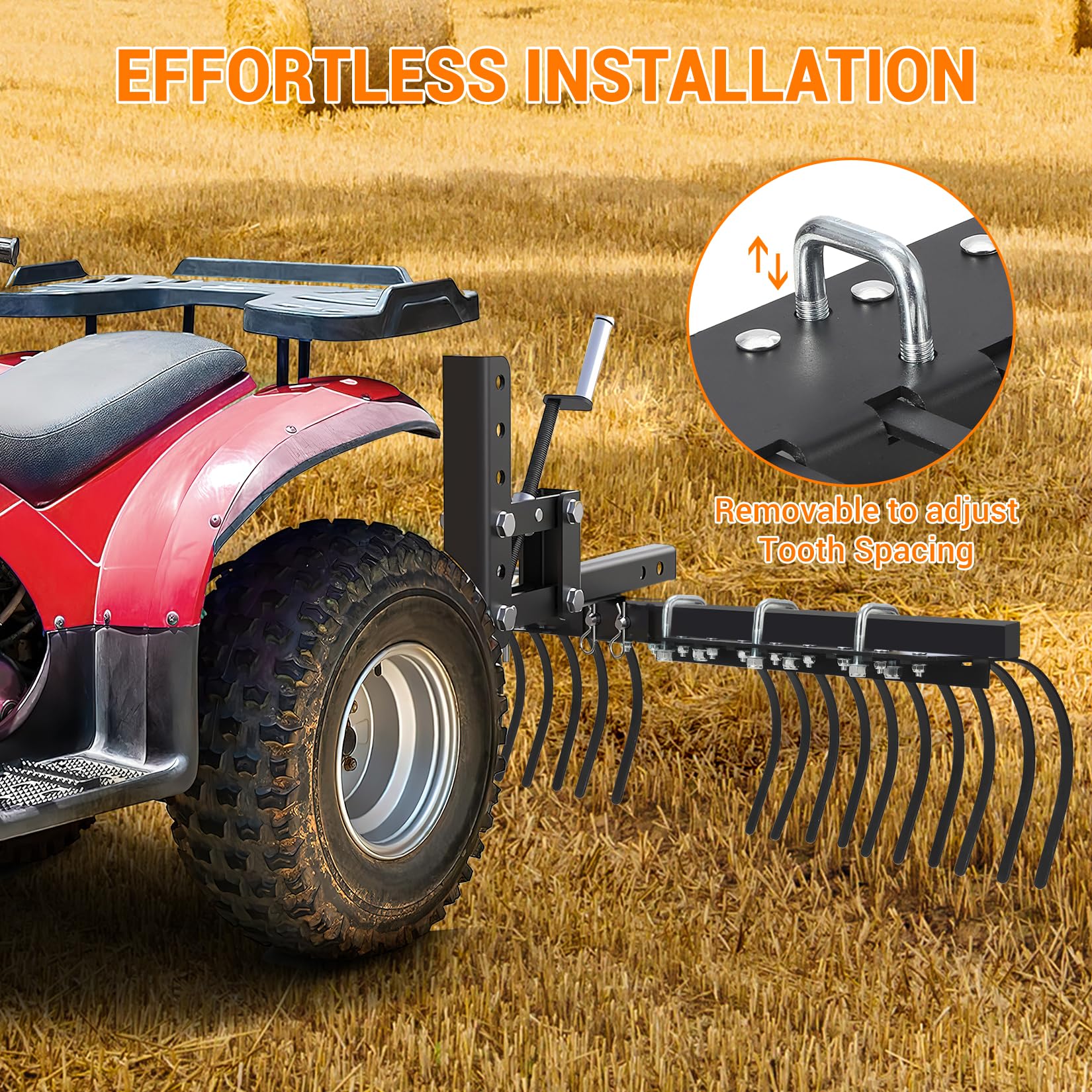 Râteau de jardin Garvee 60 pouces pour tracteur, VTT, UTV, 20 dents en acier, acier au carbone, noir, pour l'aménagement paysager