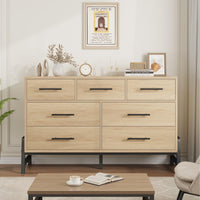 Commode Garvee à 7 tiroirs en MDF, table imperméable pour chambre et salon, design moderne et robuste, 132 x 41 x 81 cm, coloris naturel