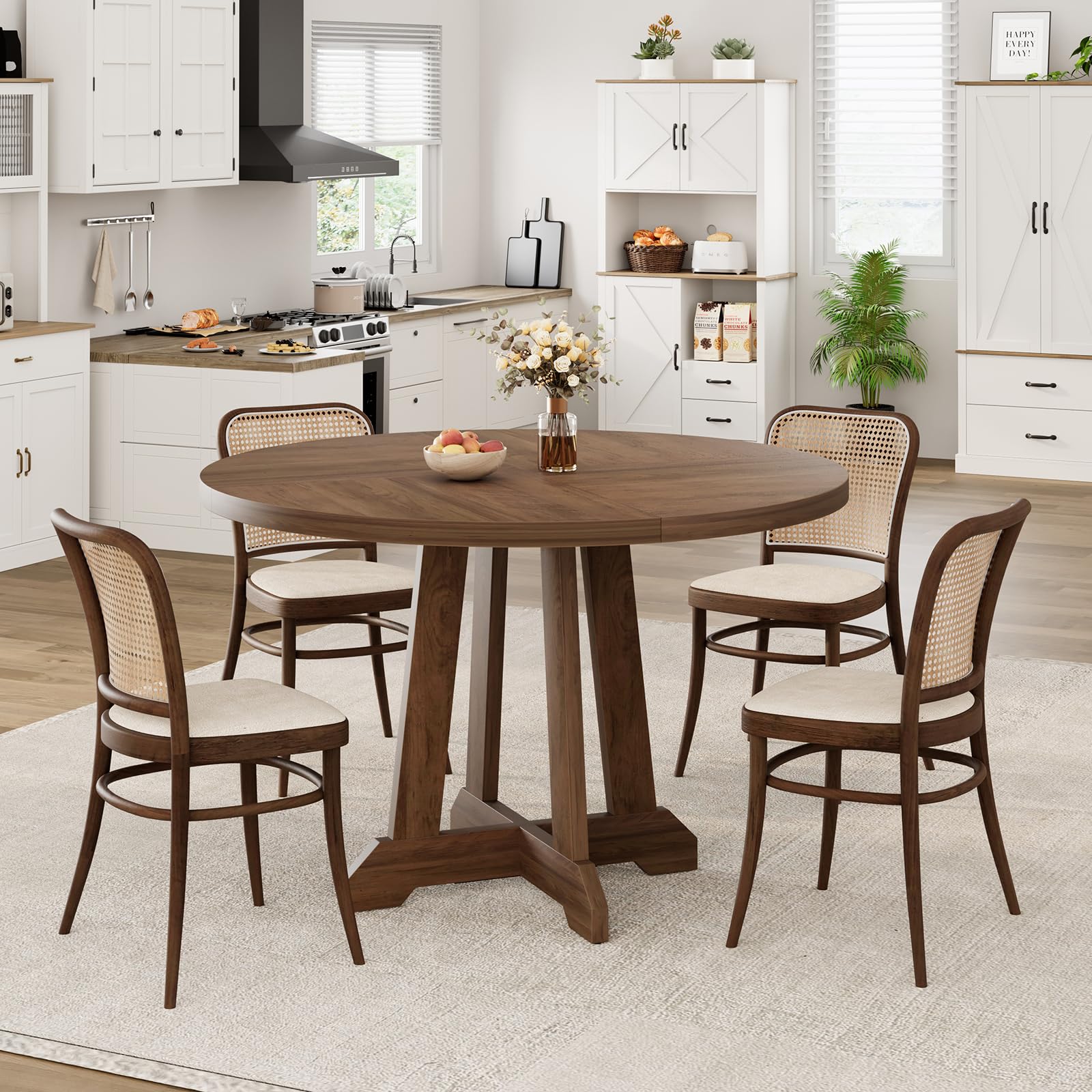 Garvee Table de salle à manger ronde pour 4 personnes, en bois, 119cm (119,4cm), piètement en croix robuste, pieds réglables, marron