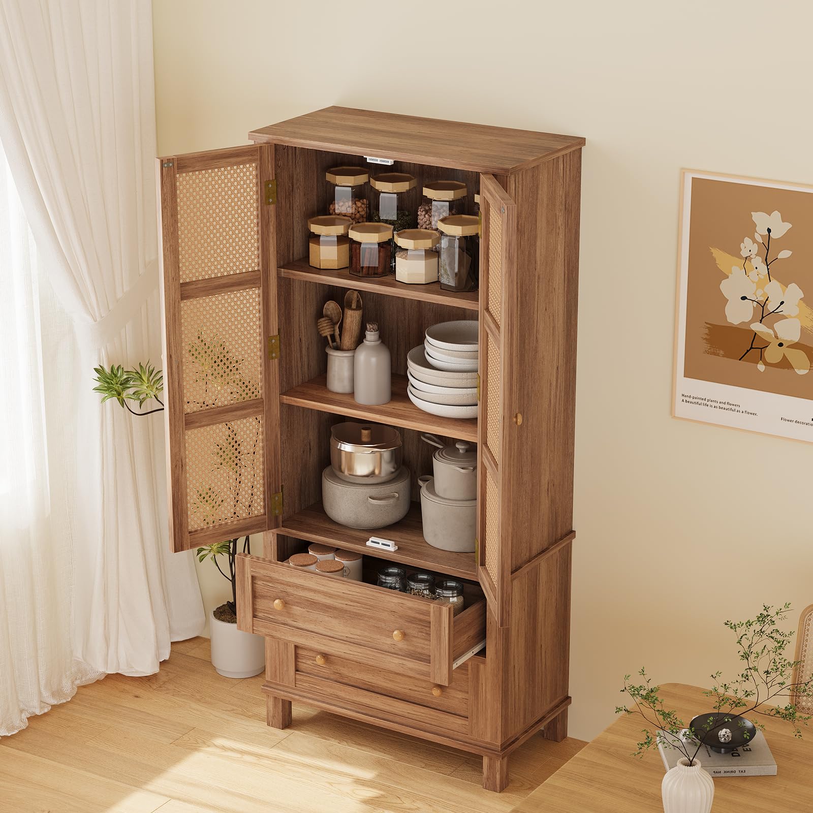Meuble de rangement de cuisine Garvee avec 2 portes en rotin, 2 étagères réglables, hauteur 162,5 cm, en noyer, style campagnard, idéal pour le salon et la salle à manger.