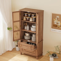 Meuble de rangement de cuisine Garvee avec 2 portes en rotin, 2 étagères réglables, hauteur 162,5 cm, en noyer, style campagnard, idéal pour le salon et la salle à manger.