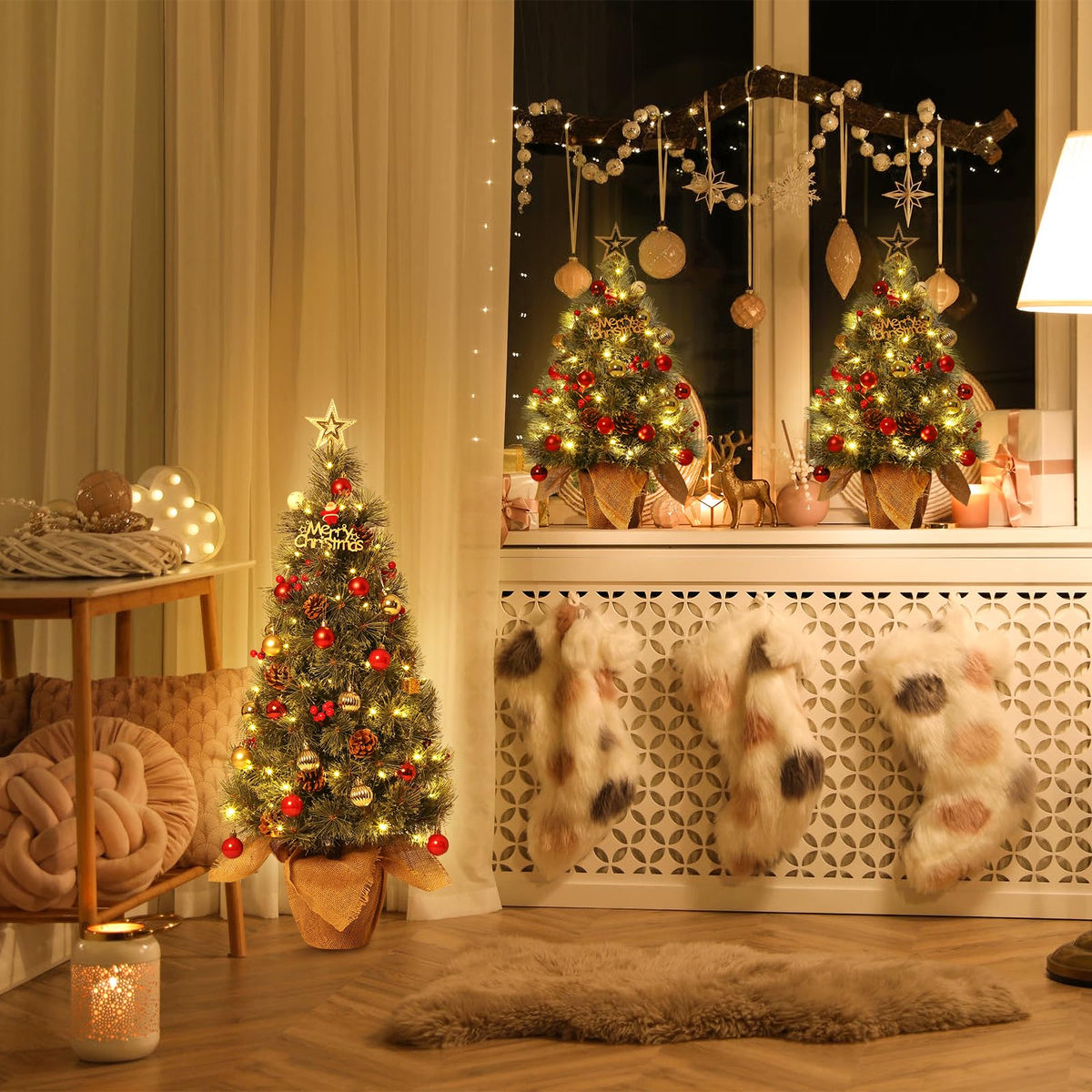Garvee sapin de Noël artificiel 95 cm avec 70 LED et base en jute, rouge, pour petits espaces