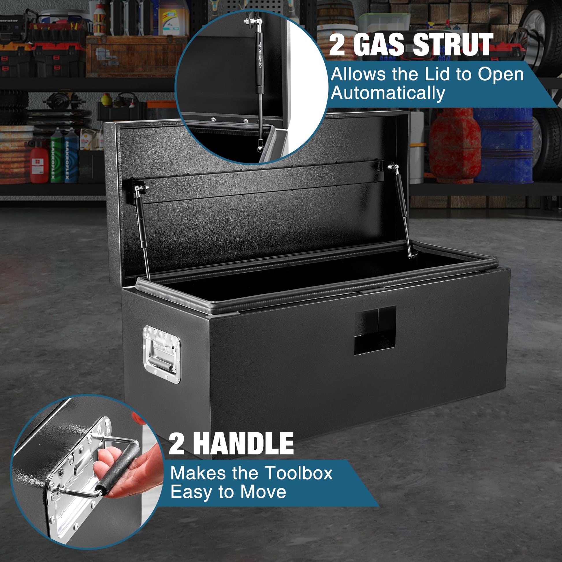Coffre à outils Garvee en acier noir pour camion, acier de calibre 12, couvercle pneumatique, résistant aux intempéries, rangement pour remorques et véhicules récréatifs, 24 po x 15 po x 15 po