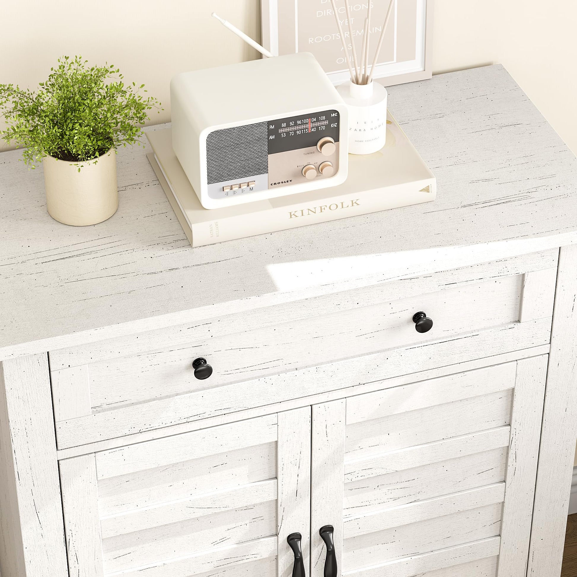 Garvee Armoire de rangement style ferme, étagère réglable à 3 niveaux, 7 vitesses, blanche, pour cuisine et entrée, 40 × 80 × 91 cm, style rustique
