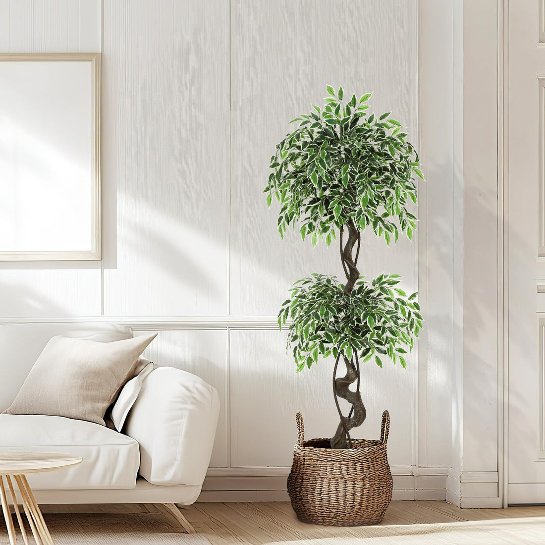 Garvee Ficus artificiel panaché blanc 150 cm en PE durable, plante réaliste pour décoration intérieure et extérieure
