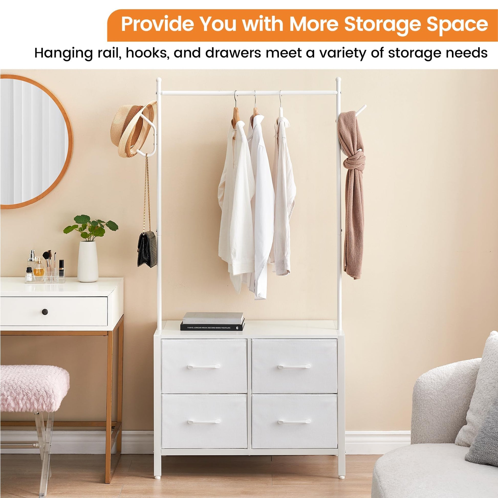 Portant à vêtements Garvee à 4 tiroirs, structure en métal et plateau en bois, pour chambre et couloir, blanc, robuste et polyvalent