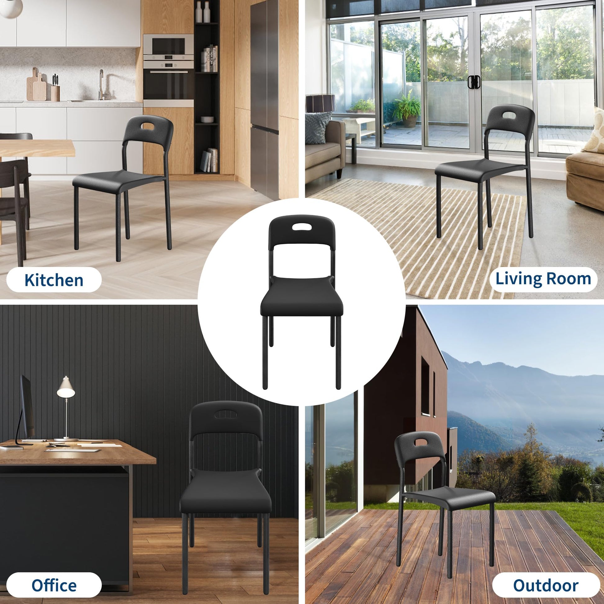 Chaises de salle à manger Garvee, lot de 4, empilables, design moderne, imperméables, pieds en métal, noires, pour usage intérieur et extérieur, 45,5 x 40 x 76,5 cm