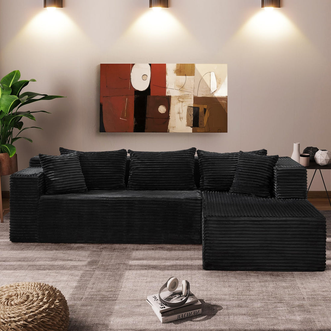 Canapé d'angle modulaire Garvee Cloud 106" en forme de L, noir, grand format, convertible, pour salon, assise profonde, confortable et moelleuse, aucun assemblage requis
