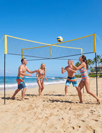 Ensemble de volley-ball Garvee 4 carrés avec filet de 4,27 m (14 pi) à 4 directions, 3 hauteurs réglables, filet en PE et poteaux en fer pour des moments de plaisir en famille en plein air, sac de transport inclus