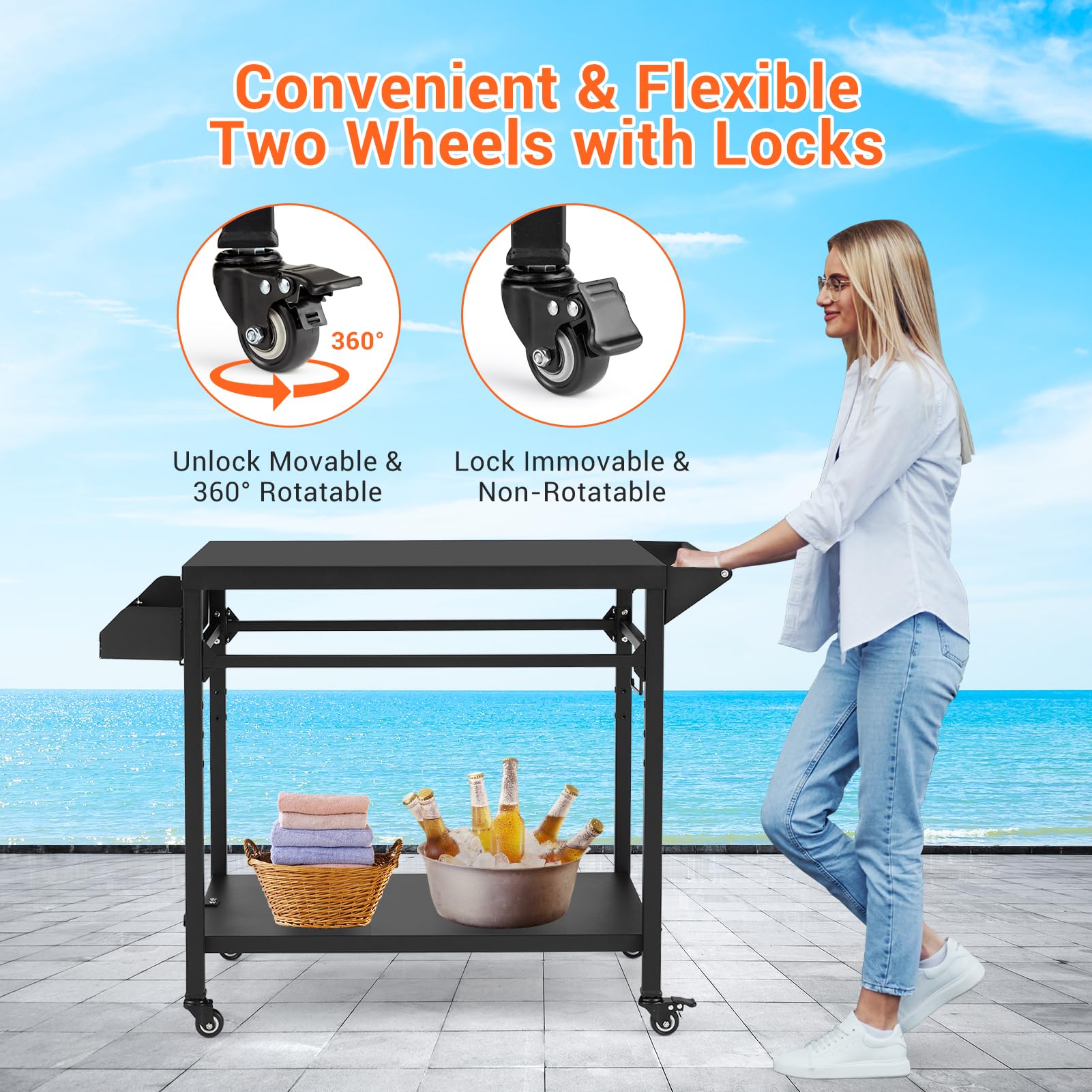 Chariot de barbecue d'extérieur Garvee avec support pour four à pizza, 4 roues et verrou, acier thermolaqué, grand espace de rangement, porte-bouteille de gaz pour le jardin et le camping, 105 x 50 x 81 cm, noir