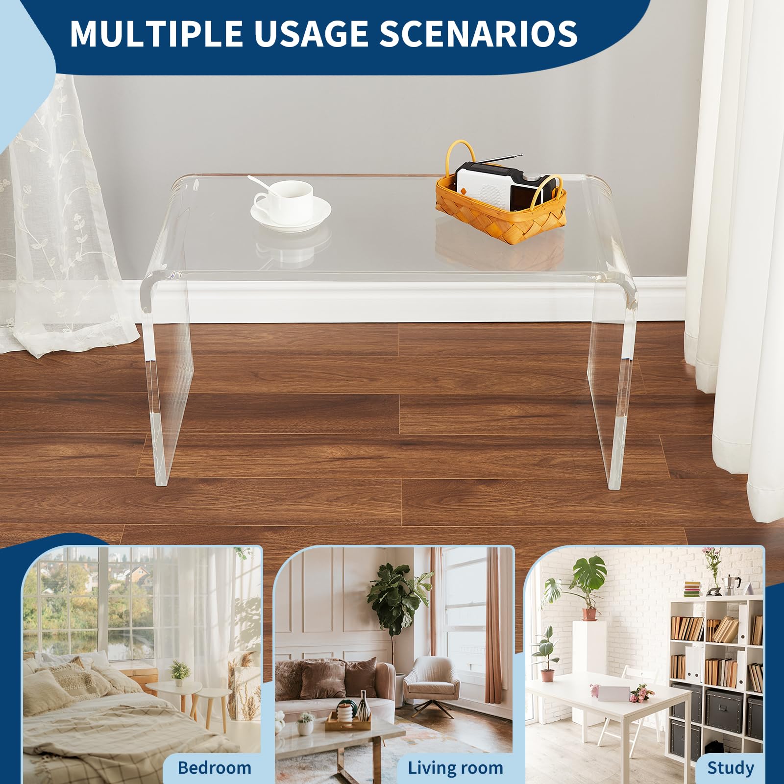 Table basse Garvee en acrylique transparent en forme de U, 81 x 40 x 42 cm, idéale pour salon ou terrasse.