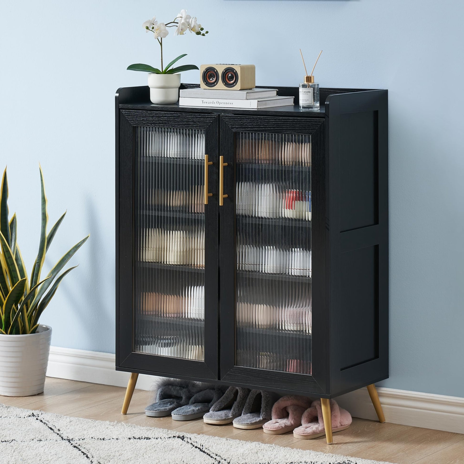 Meuble à chaussures Garvee avec portes vitrées, 5 niveaux, grande capacité, étagères réglables, matériau MDF, design moderne, pour entrée et salon