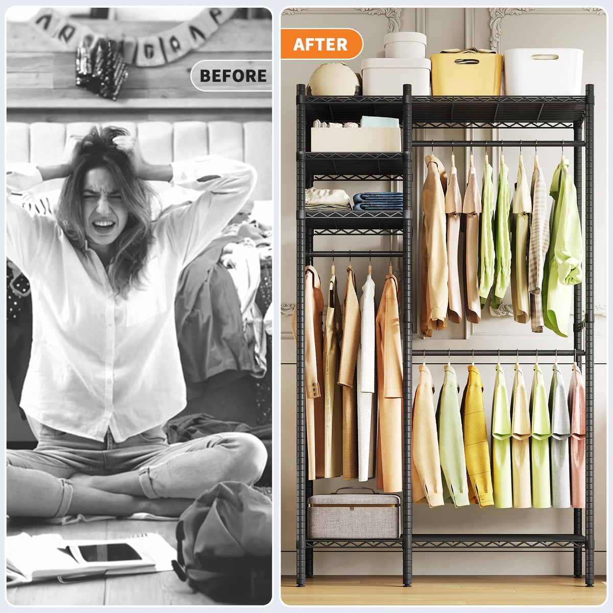 Garvee Portant à vêtements en métal à 4 niveaux, 3 barres réglables en hauteur, revêtement en poudre noir, pour chambre et magasin