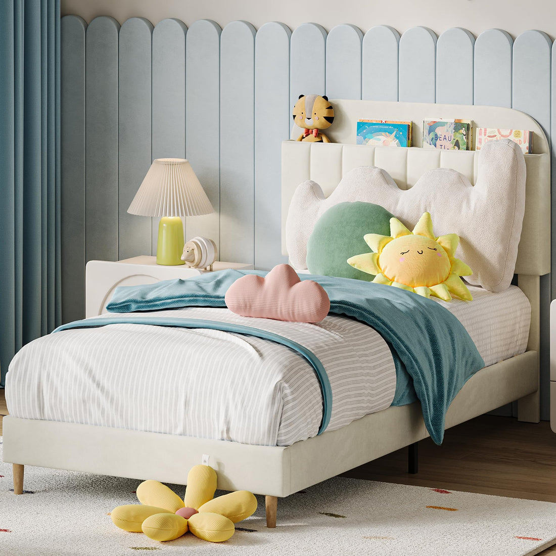 Cadre de lit simple Garvee avec revêtement en velours et tête de lit bibliothèque pour chambre d'enfant, blanc crème, pieds robustes en acier, silencieux, montage facile