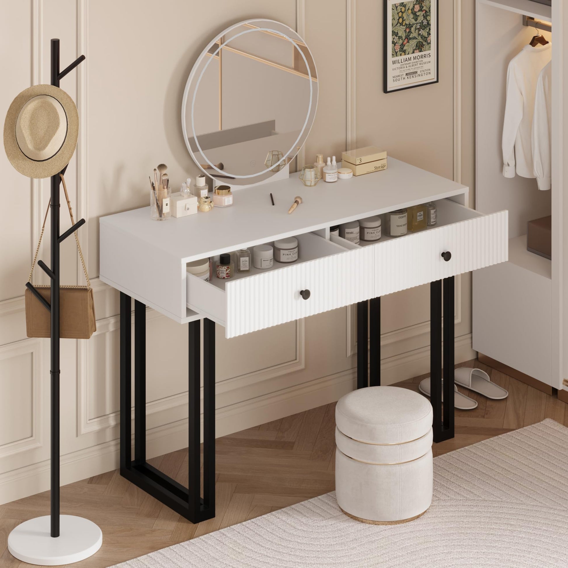 Garvee Coiffeuse avec miroir et éclairage LED 3 couleurs, luminosité réglable, 2 tiroirs, plateau en MDF blanc, design moderne, chambre