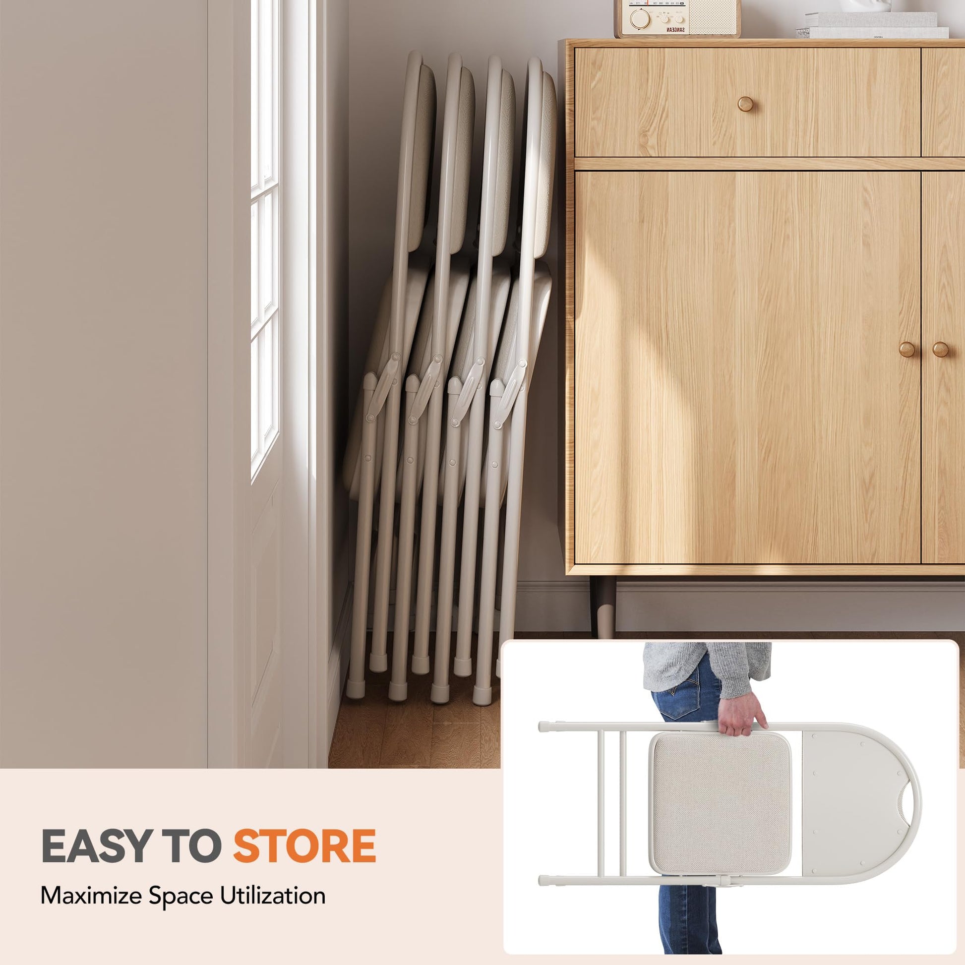 Ensemble de 4 chaises pliantes Garvee avec coussins, revêtements en lin, structure métallique robuste, beige, pliables et ergonomiques, idéales pour le bureau et les événements. Parfaites pour le bureau et les événements.