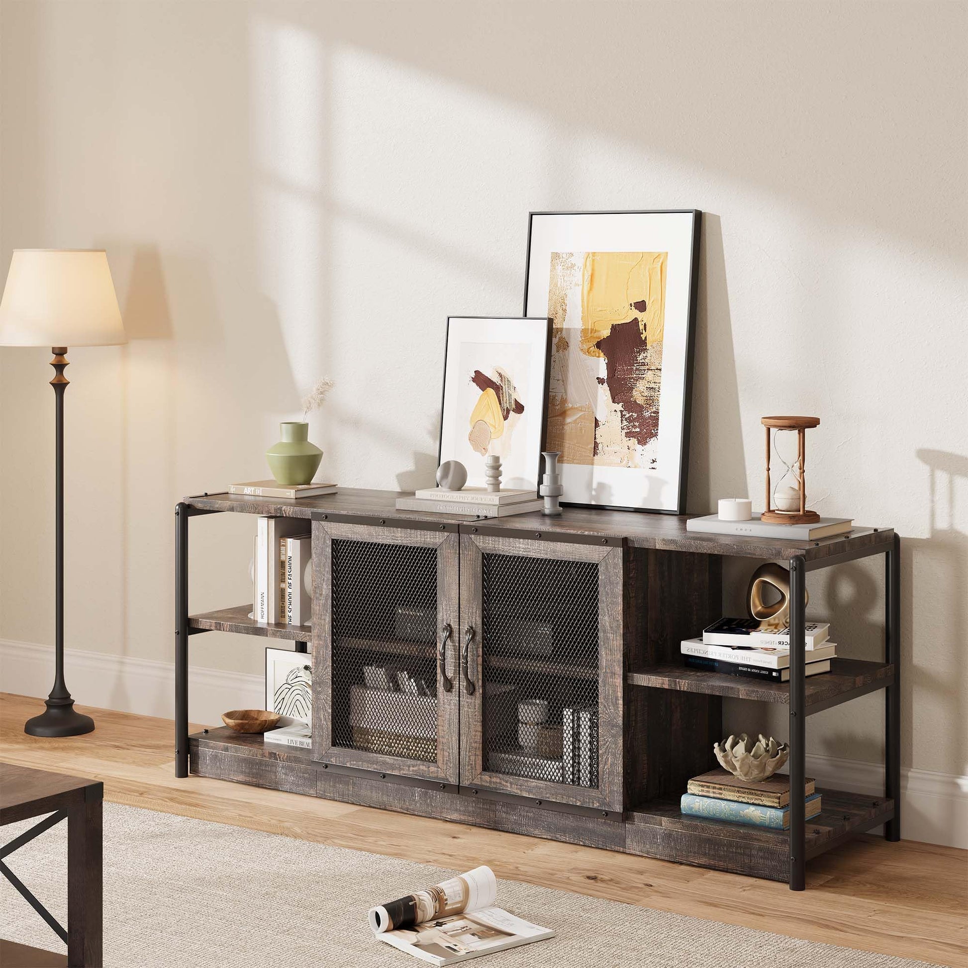 Garvee Meuble TV style ferme pour téléviseurs 65/191 cm avec portes en maille, console multimédia de style industriel, meuble de salon, bois durable