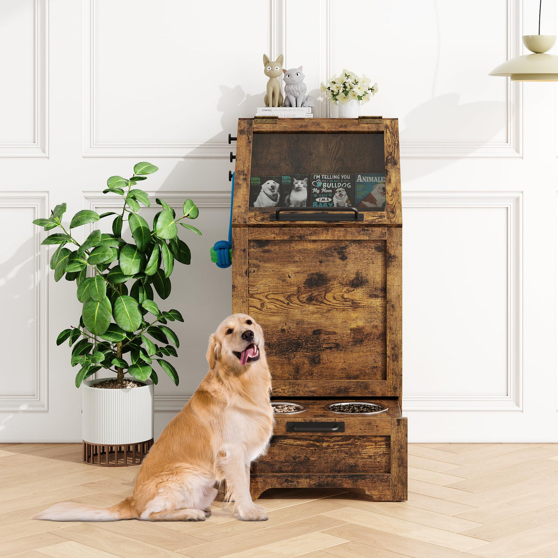 Station d'alimentation pour chien Garvee avec 2 gamelles surélevées en acier inoxydable, couvercle rabattable, grand espace de rangement pour salon et balcon, robuste, en bois, distributeur de croquettes dissimulé