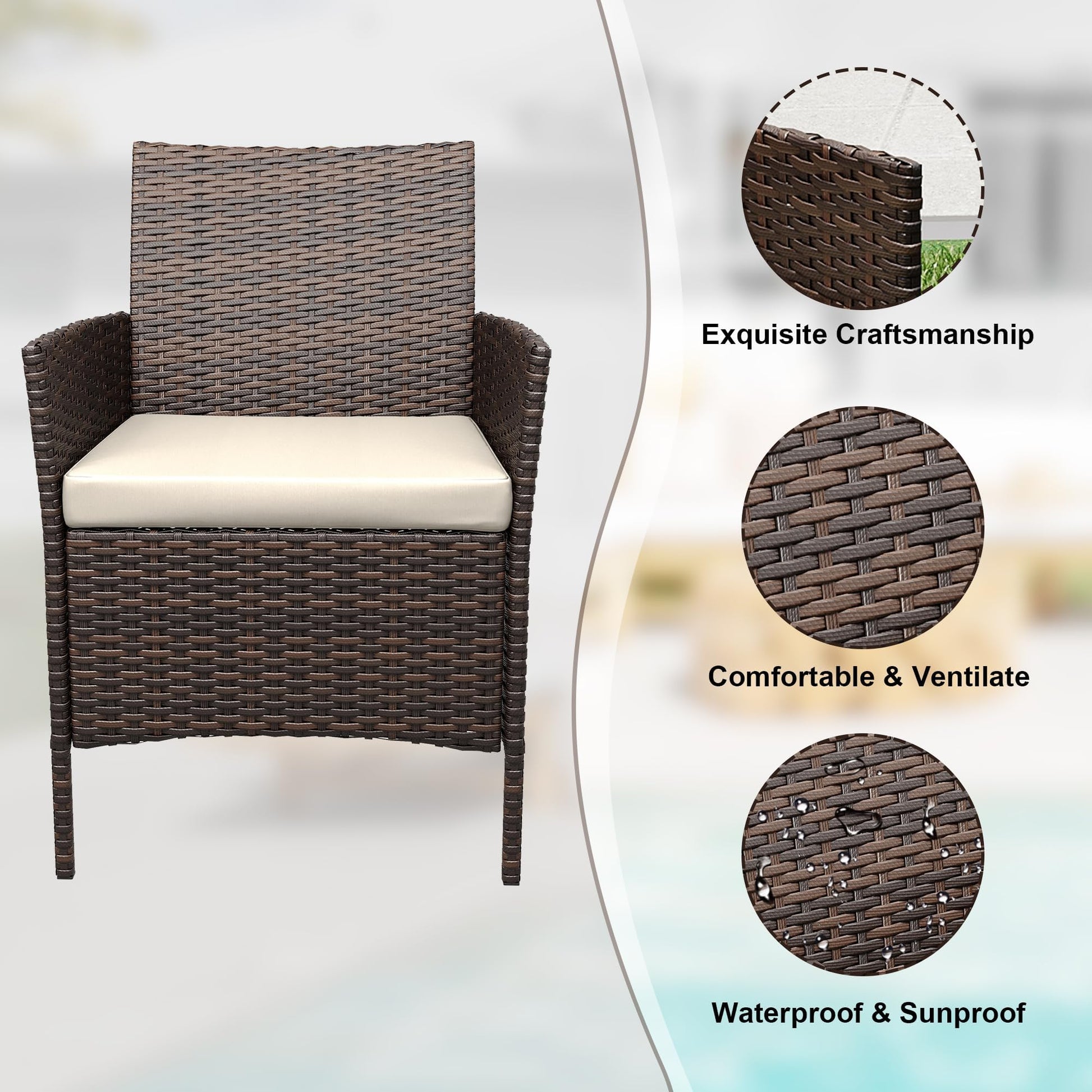 Ensemble de mobilier de jardin Garvee, 3 pièces, rotin PE, chaises ergonomiques, table en verre, résistant aux intempéries, marron-beige, balcon, jardin