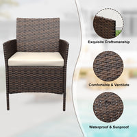 Ensemble de mobilier de jardin Garvee, 3 pièces, rotin PE, chaises ergonomiques, table en verre, résistant aux intempéries, marron-beige, balcon, jardin