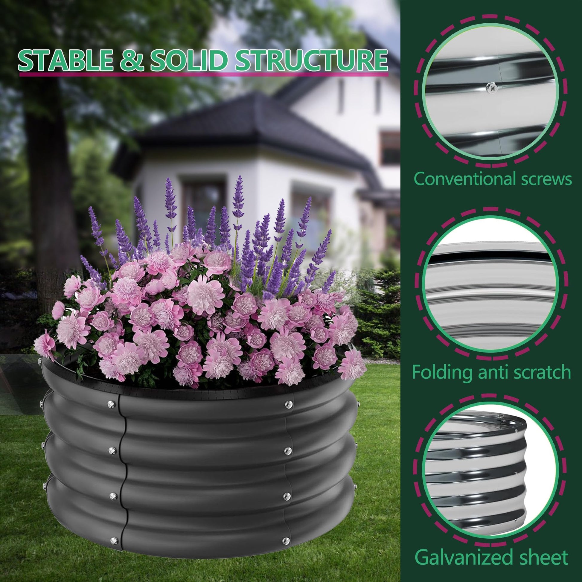 Jardinière surélevée galvanisée Garvee, ronde, 60 x 60 x 30 cm, en métal antirouille, à fond ouvert, idéale pour jardin, terrasse ou balcon.