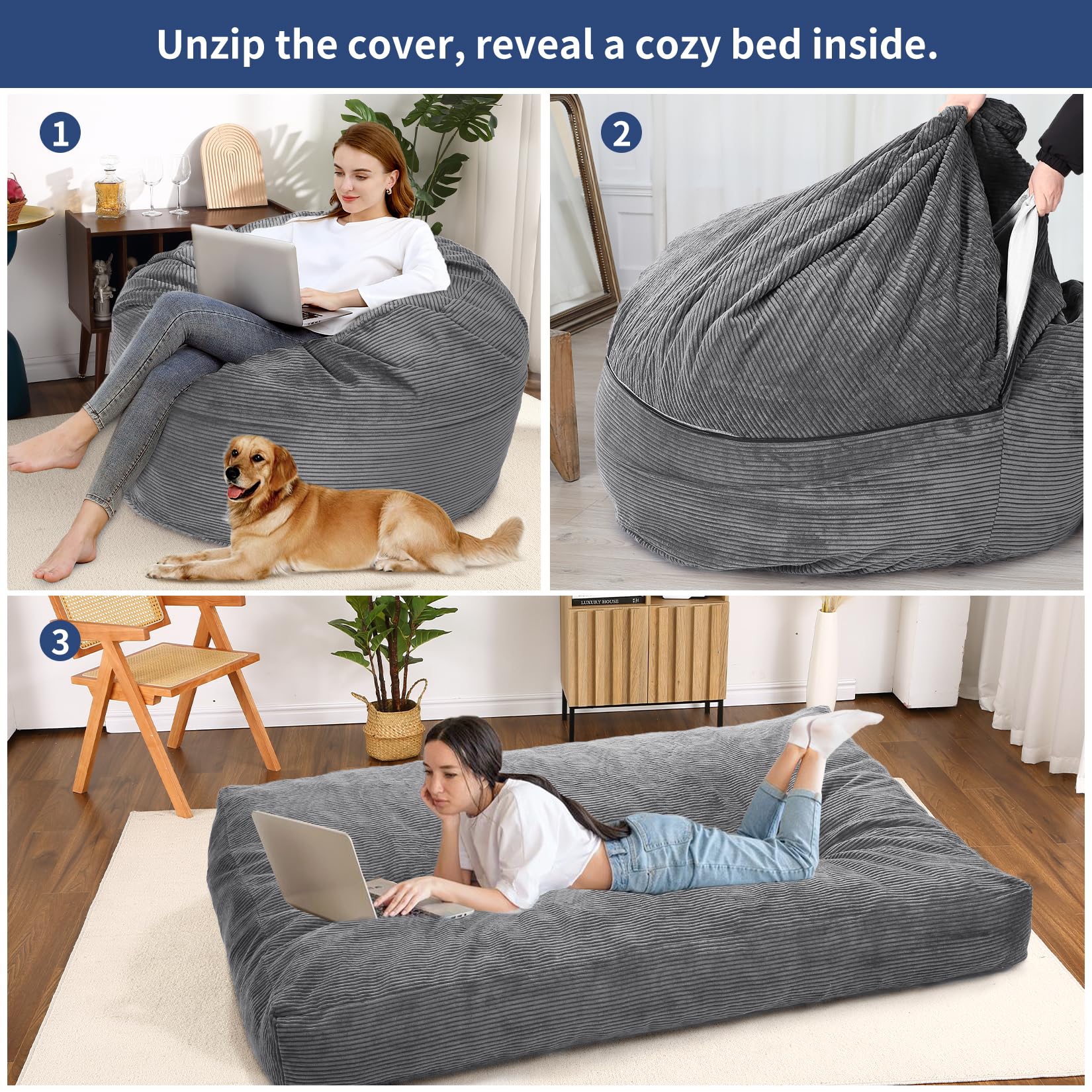 Pouf géant Garvee pour adultes, convertible en lit pouf 2 en 1, housse en velours côtelé lavable, gris clair, pour salon et chambre.