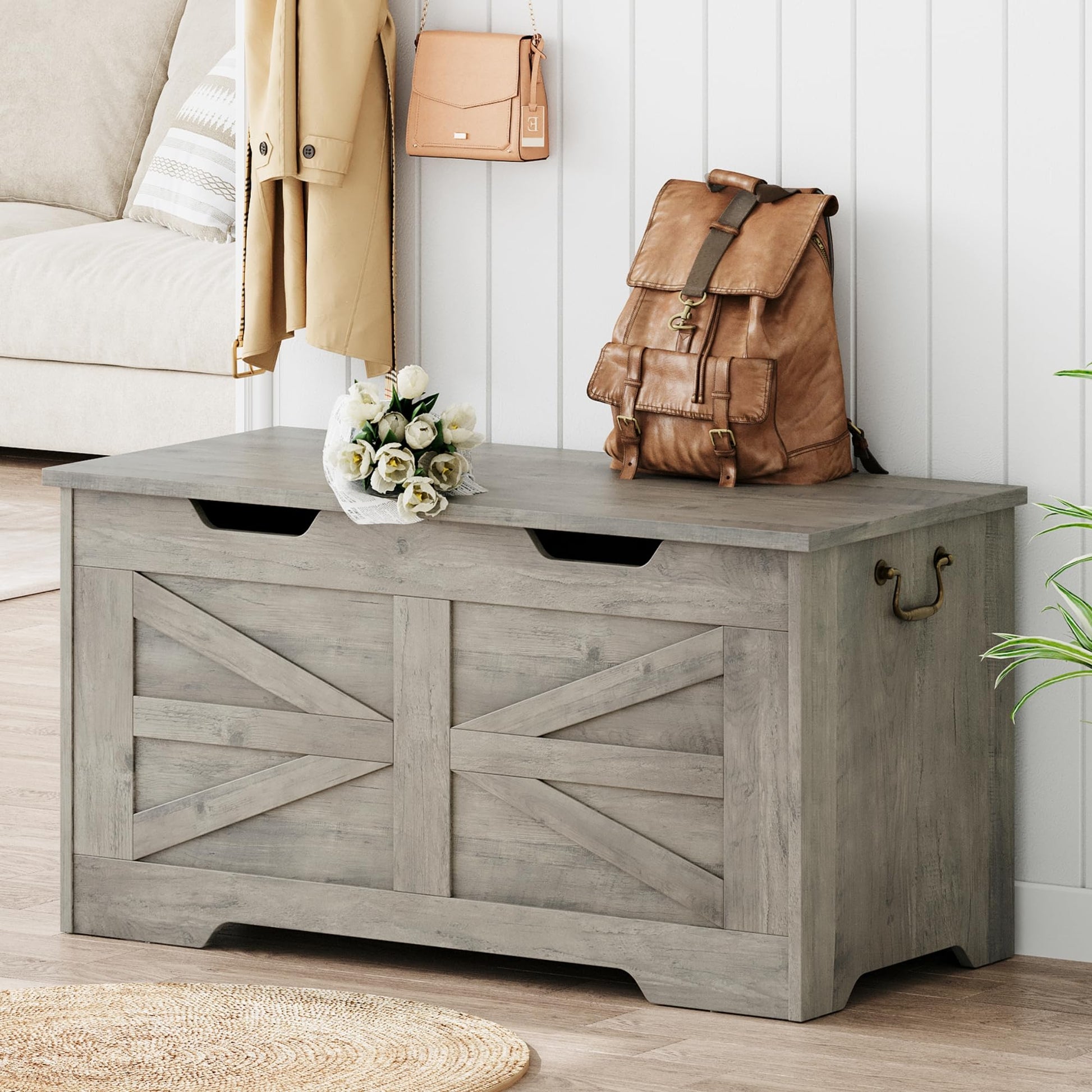 Garvee Banc Coffre de Rangement en Bois avec Charnière de Sécurité, Charge 159 kg, MDF 15 mm, pour Entrée et Salon
