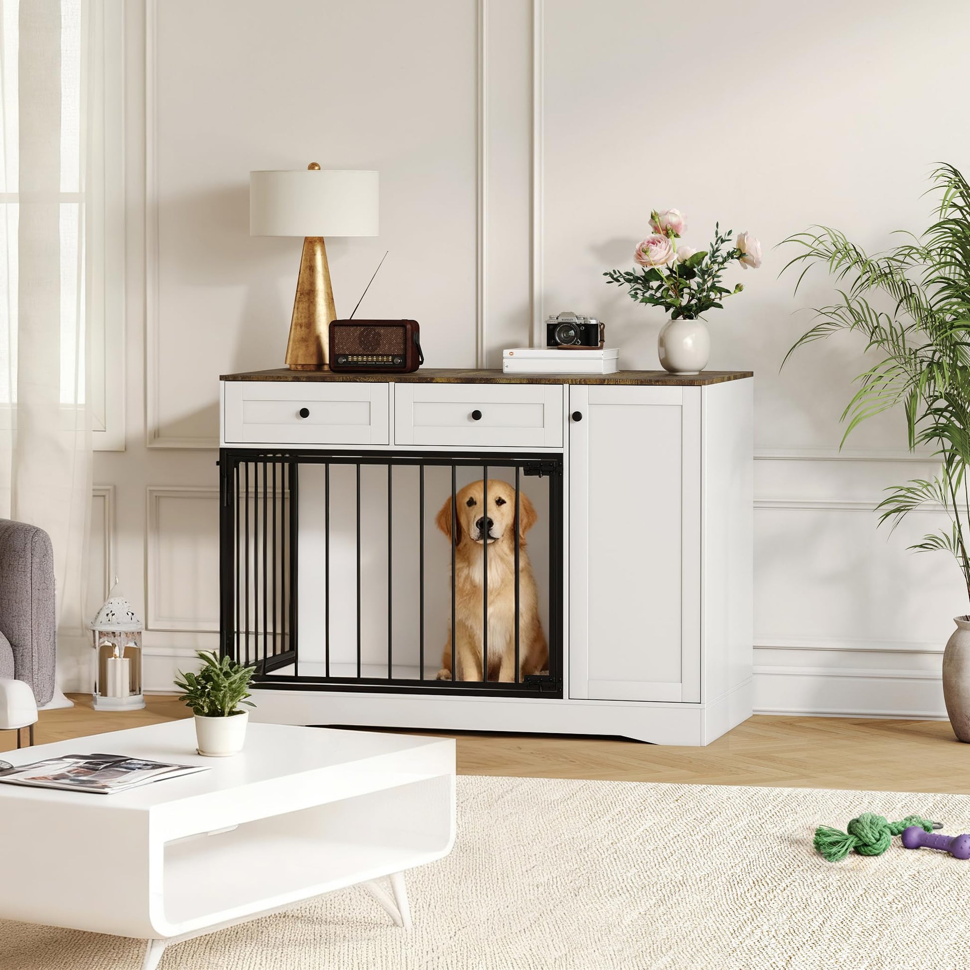 Meuble cage pour chien Garvee 47" style ferme avec double porte, 2 tiroirs et rangement, bois et métal, cage d'intérieur moderne, meuble TV, buffet pour chiens de petite et moyenne taille, marron