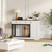 Meuble cage pour chien Garvee 47" style ferme avec double porte, 2 tiroirs et rangement, bois et métal, cage d'intérieur moderne, meuble TV, buffet pour chiens de petite et moyenne taille, marron