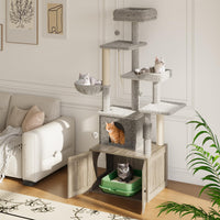 Enclos pour litière Garvee avec arbre à chat 2 en 1, mobilier pour chat en bois gris inodore, mobilier d'intérieur pour chat