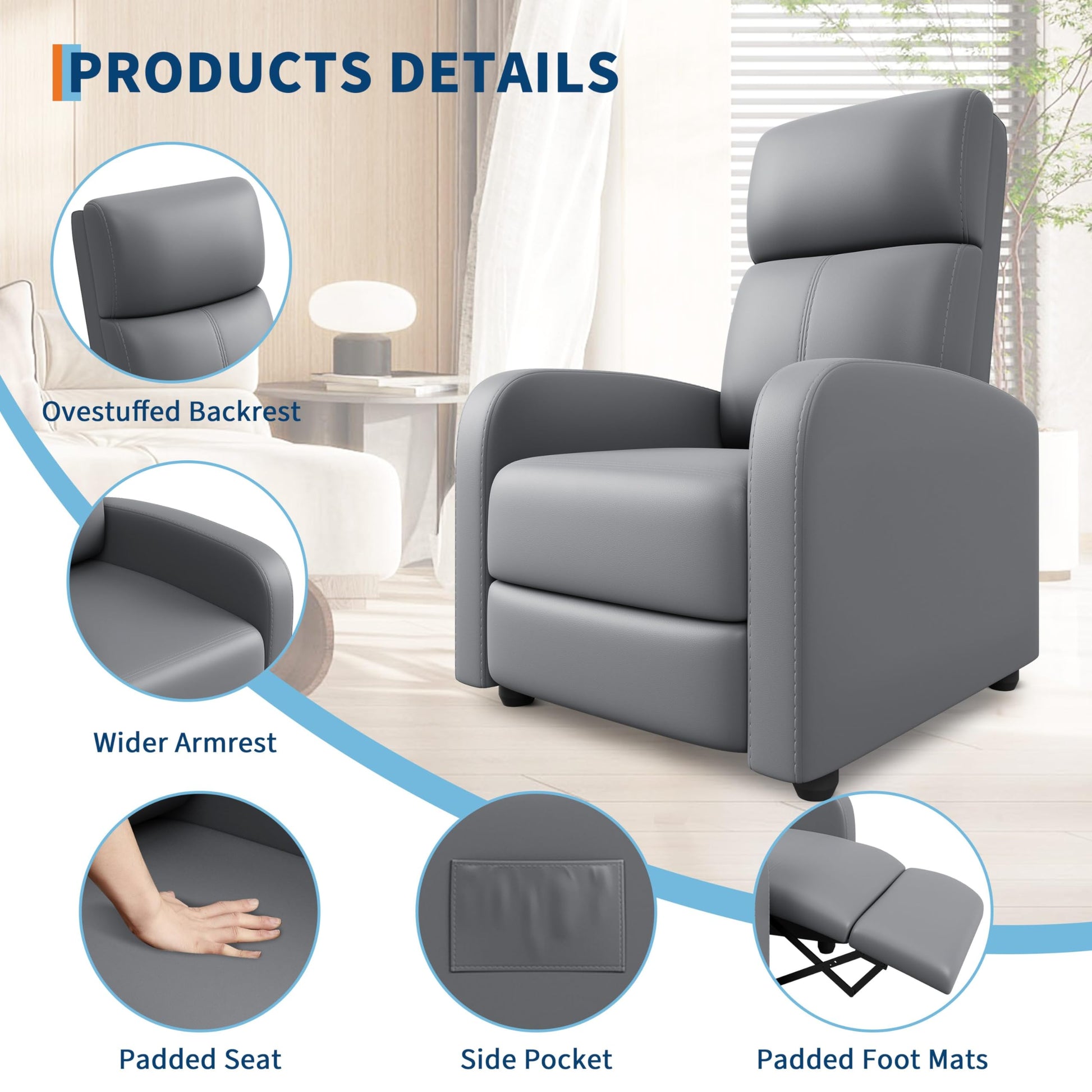Fauteuil inclinable Garvee pour adulte, en cuir PU ergonomique et réglable, avec poche latérale, pour salon ou home cinéma, noir.