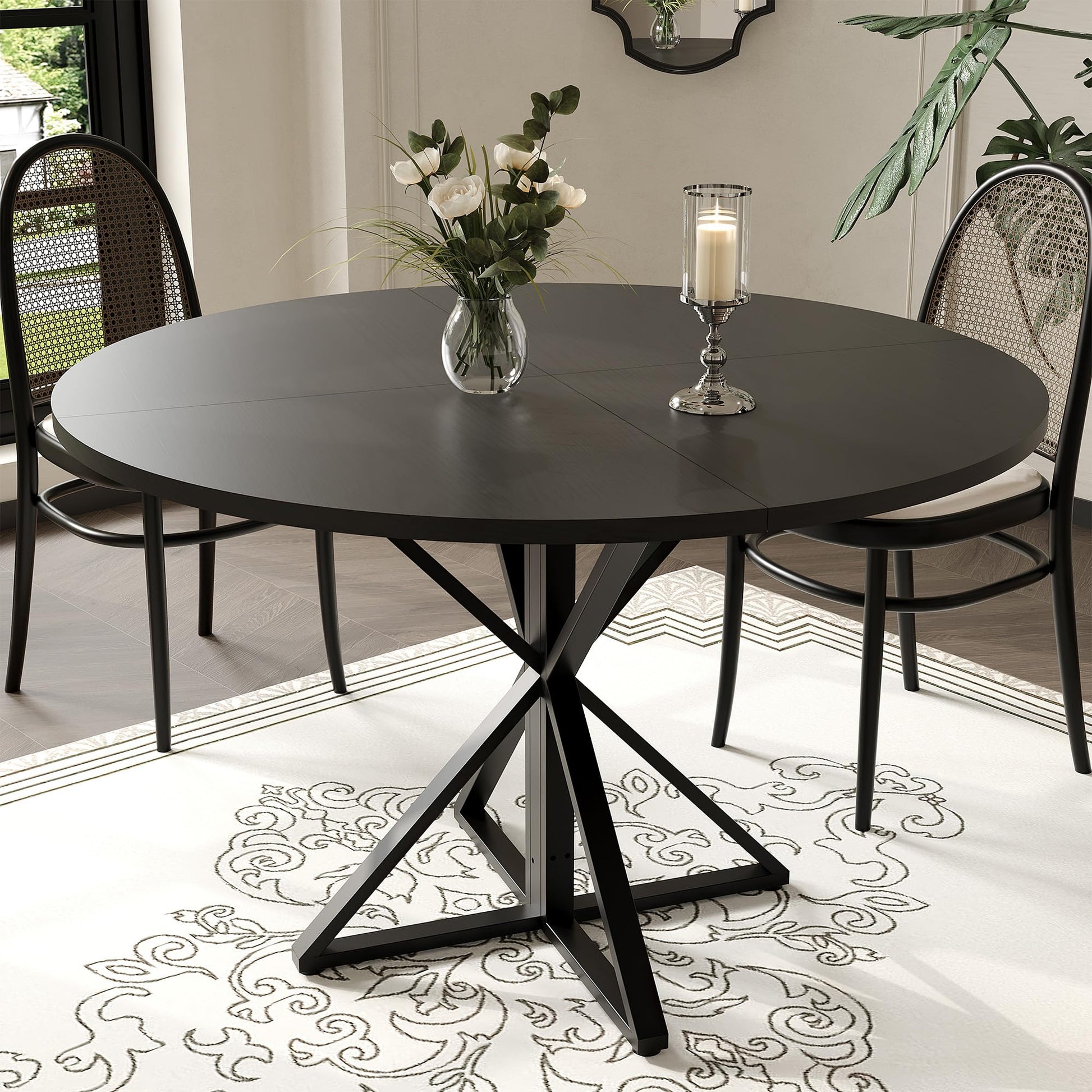 Table de salle à manger ronde Garvee de 119 cm (47 pouces) avec piètement en métal, idéale pour la cuisine et la salle à manger. Plateau en MDF résistant aux rayures et antidérapant, pouvant accueillir 4 à 6 personnes.