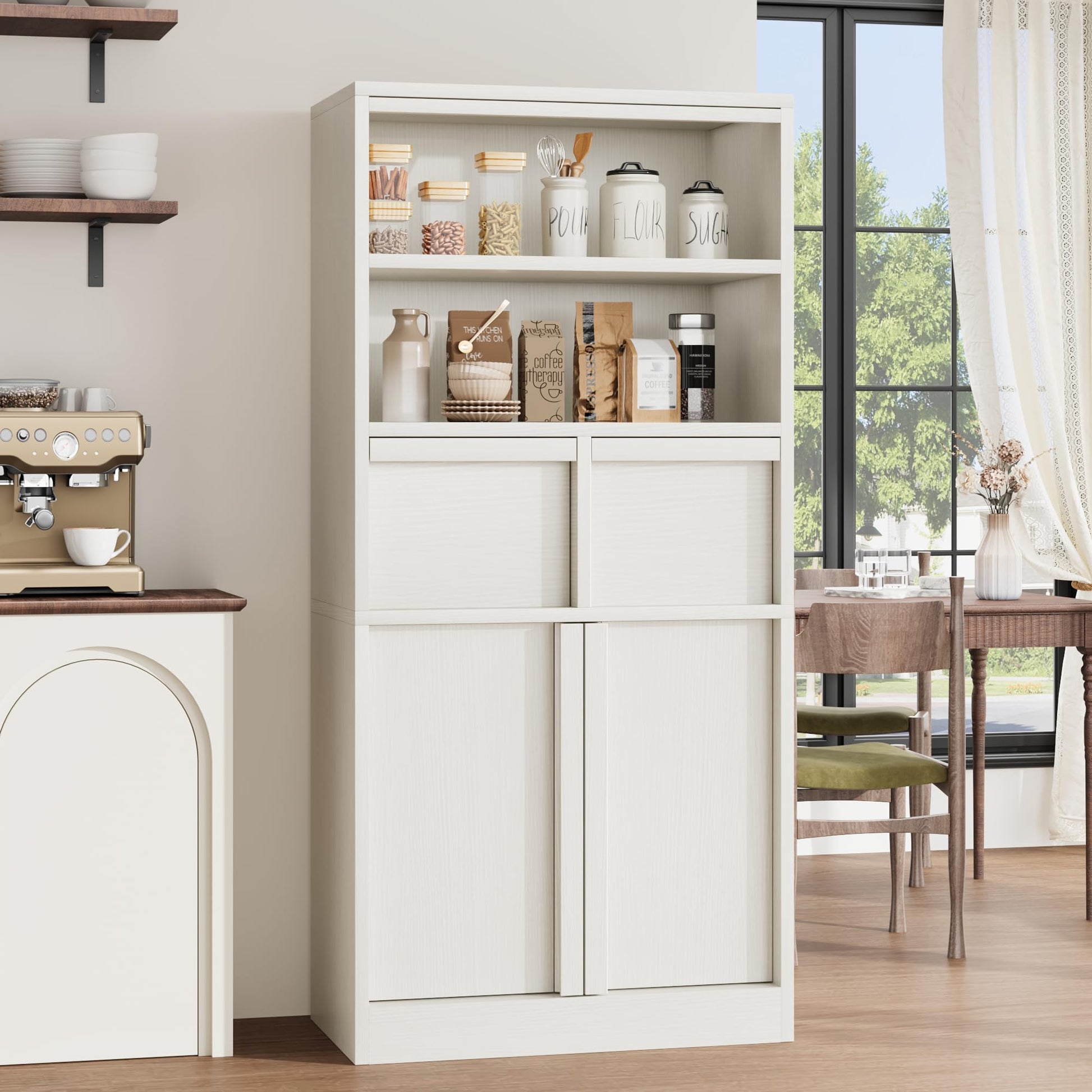 Meuble de salle de bain Garvee grand format avec portes et 2 tiroirs, MDF, blanc, autoportant, imperméable, résistant aux rayures, 130 cm de hauteur, polyvalent pour salle de bain et salon