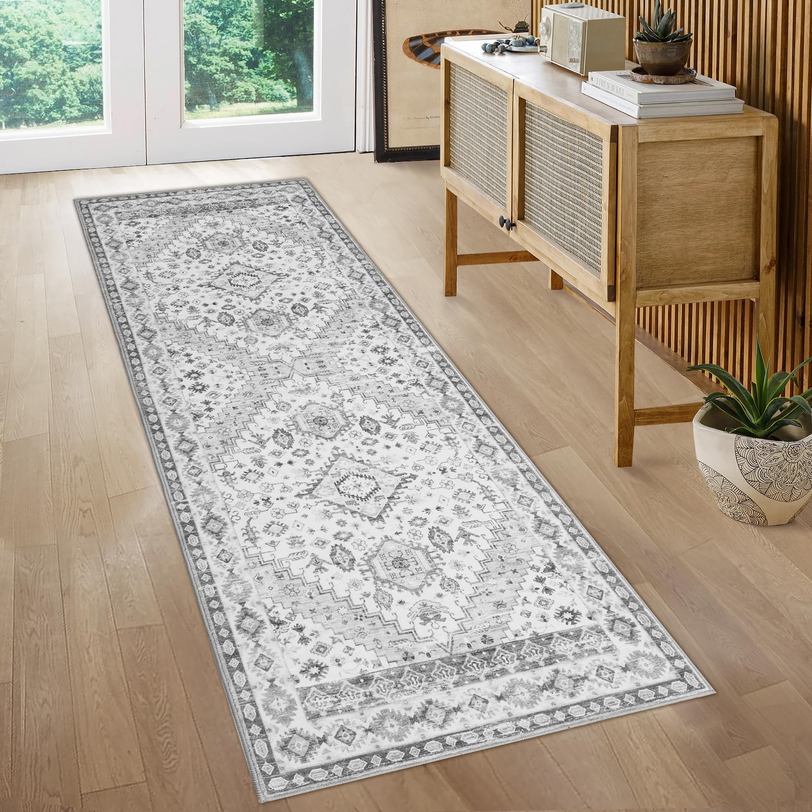 Tapis de couloir vintage Garvee, lavable, antidérapant et antitache, pour salon, chambre et cuisine, 60 x 230 cm, gris