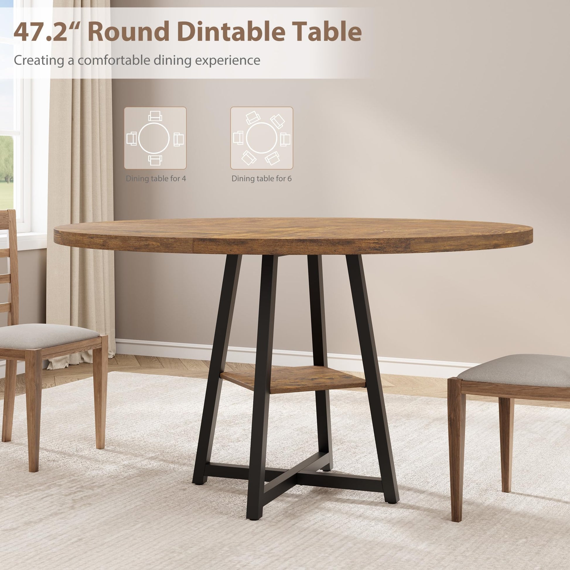 Table de salle à manger ronde Garvee pour 4 à 6 personnes, 119 cm (47 pouces), structure en métal, plateau en bois, design industriel, gain de place, grise