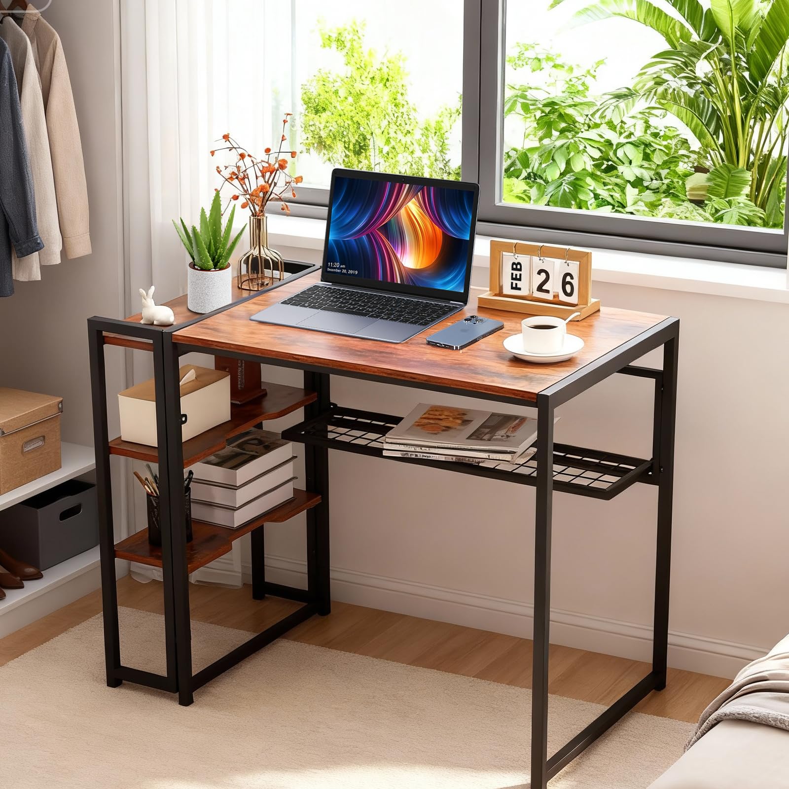 Bureau pliant Garvee 35 pouces avec rangement, structure en métal, panneaux de particules P2, marron, pour bureau et chambre, gain de place, polyvalent